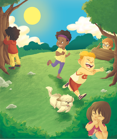 Imagem: Ilustração A. Local com vegetação em verde, com crianças brincando. À esquerda, um menino visto de costas de frente para uma árvore com folhas verdes. Ele tem cabelos pretos, com blusa de mangas compridas de cor marrom, calça amarela e sapatos pretos. À direita, três crianças correndo e um cachorro de pelos brancos correndo. Uma mulher de pele negra, cabelos pretos, com camiseta amarela, calça azul e sapatos marrons. Um menino loiro, regata branca com detalhes e bermuda em vermelho. À frente, uma menina sentada de pele clara, cabelos curtos e franja em castanho, com camiseta em roxa e bermuda azul. Ao fundo, à direita, tronco de cor marrom, um menino de cabelos castanhos com par de óculos. O céu é de cor azul-claro com um sol de cor amarela. Fim da imagem.