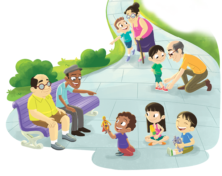 Imagem: Ilustração. Local aberto com caminho de cor cinza. À frente, três crianças sentadas no chão. À esquerda, menino de pele morena-escuro, cabelos castanhos encaracolados, com camiseta azul-escuro, calça marrom de joelhos, levantando na mão esquerda um boneco para alto. Ao centro, menina sentada com as pernas cruzadas, de cabelos longos com franja, de blusa de alcinha rosa, bermuda verde e sapatos laranjas, segurando nas mãos uma boneca. À direita, menino sentado de pele clara, cabelos pretos, com camiseta azul, bermuda e sapatos verdes, com brinquedo nas mãos, sorrindo de olhos fechados. À esquerda, dois homens sentados em um banco : um senhor de pele clara, cabelos pretos e calvo, com um par de óculos redondos, com camisa de gola amarela, bermuda marrom e sapatos cinzas. Ao lado, um senhor de pele negra, cabelos pretos, com um par de óculos de grau, com camiseta de cor azul, calça e boina de cor cinza e sapatos pretos. Ao fundo, um senhor agachado amarrando cadarço de sapatos de um menino. O senhor de pele clara, cabelos grisalhos e parte calva, com par de óculos pretos com camiseta de cor laranja, calça e sapatos em marrom. O menino tem pele clara, cabelos pretos, com camiseta, bermuda verde e sapatos vermelhos. Mais ao fundo, uma mulher de pele clara, cabelos pretos em coque, com blusa regata de cor rosa, saia longa roxa e sapatos rosas, com uma bengala de madeira na mão direita e par de óculos de grau redondo no rosto. Perto dela, à esquerda, um menino de pele clara, cabelos castanhos, usando camiseta de cor verde, bermuda azul e sapatos cinzas. Nas pontas da esquerda e à direita, grama de cor verde.  Fim da imagem.