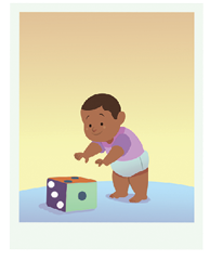 Imagem: Ilustração. Um menino pequeno de pele negra, cabelos castanhos, com blusa em rosa, com fralda branca e braços para à esquerda, de frente para um dado com bolinhas.  Fim da imagem.