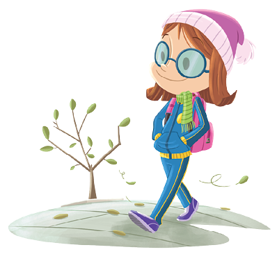 Imagem: Ilustração. Menina caminhando para à esquerda, em local com solo cinza e uma árvore seca com poucas folhas verdes. Ela tem cabelos curtos marrons, com franja, usando boina de cor roxa, com blusa de mangas compridas, calça de cor azul-claro e sapatos em azul-escuro. No pescoço, cachecol de cor verde e nos olhos, par de óculos redondos em azul.  Fim da imagem.