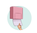 Imagem: ECONOMIZO PAPEL : Uma caixa de cor rosa-claro, abaixo, mão de uma pessoa puxando folha de papel.  Fim da imagem.