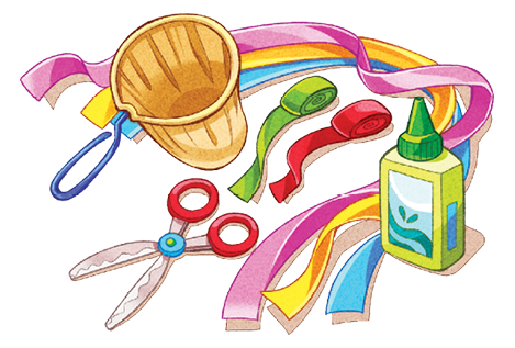 Imagem: Ilustração. Objetos pertos um dos outros : uma tesoura vermelha com pontas cinzas, um corpo de amarela, uma tira de cor verde e outra tira de cor vermelha enroladas, três tiras desenrolados de cor rosa, amarelo e azul e um tuno de cola com embalagem de cor verde-claro e tampa em verde-escuro.  Fim da imagem.