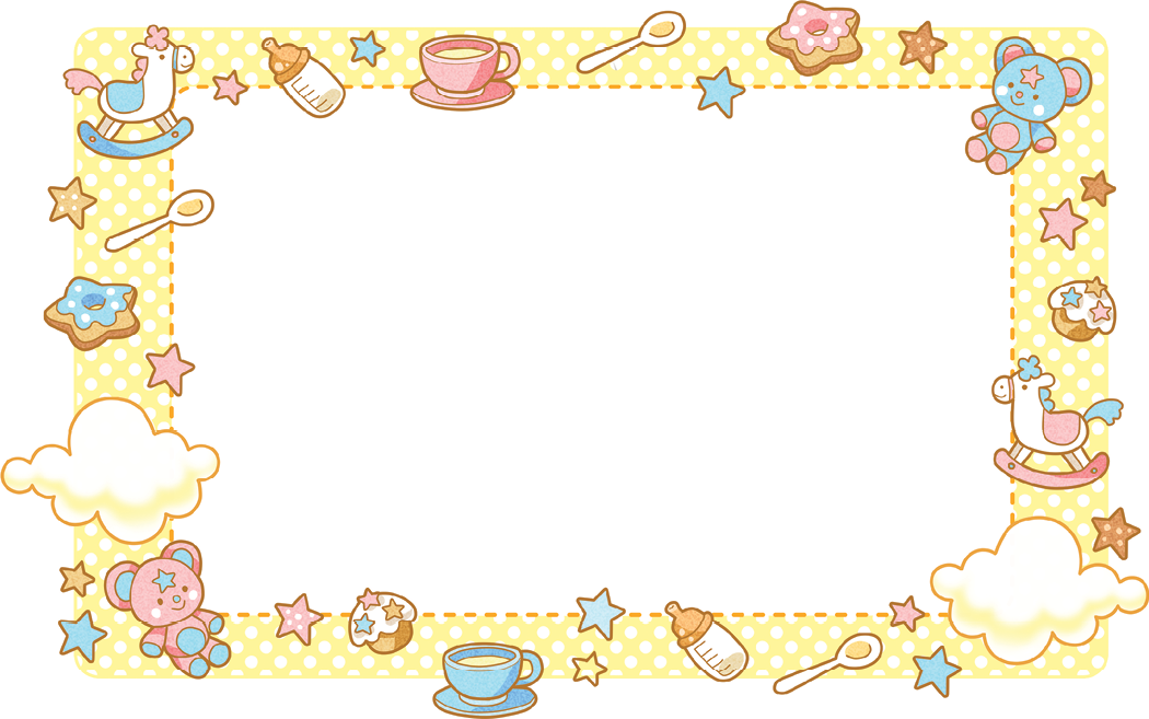 Imagem: Ilustração. Uma borda quadrada de cor amarela, com ilustrações diferentes : um cavalinho em bege, com detalhes em rosa e azul; uma mamadeira; uma xícara com pires rosa; uma colher amarela; uma bolacha com cobertura em rosa; um ursinho de cor azul; outra xícara e pires em azul-claro; nuvens; ursinho de pelúcia em rosa.  Fim da imagem.