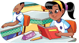 Imagem: Ilustração. Em uma sala de aula, menina de pele morena, com cabelos pretos presos no alto, com faixa de cor amarela, com uniforme de cor branca com detalhes em azul, com um livro de capa vermelha, com um estojo lilás na mesa e lápis amarelo. Ao fundo, vista parcial de outras carteiras escolares.  Fim da imagem.