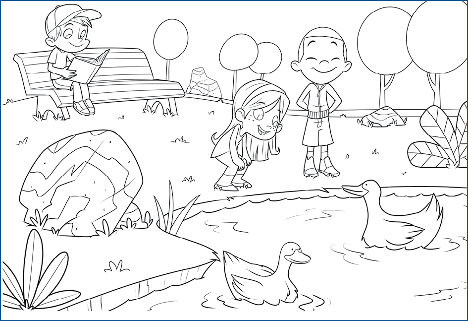 Imagem: Ilustração em preto e branco. À esquerda, menino sentado sobre um banco lendo livro sendo segurado nas mãos. À direita, uma menina de cabelos longos, agachada com mãos nos joelhos e à direita, menino em pé de olhos fechados, com as mãos sobre a cintura. Ambos estão de frente para um lago com dois patos. Ao fundo, árvores com cúpulas redondas.  Fim da imagem.