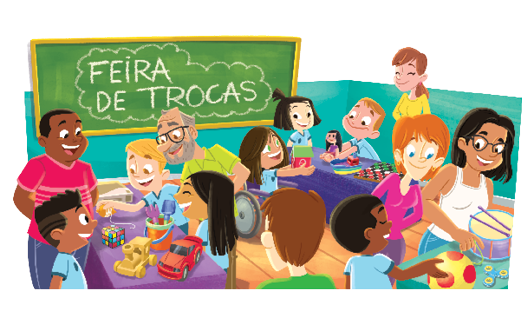 Imagem: Ilustração. Vista do alto de uma sala de aula com muitas pessoas, crianças e adultos de frente para mesas com exposições. Ao fundo, sobre parede, lousa de cor verde escrito com giz branco dentro de uma nuvem : FEIRA DE TROCAS. À esquerda, uma mesa com brinquedos expostos. Atrás dela, um homem negro de cabelos pretos, com camiseta rosa-escuro e calça azul e um menino moreno de cabelos pretos com camiseta em azul-claro. De frente da mesa, um menino loiro e uma menina morena, um senhor de cabelos e barba grisalhos com par de óculos pretos. Ao centro, crianças e à direita, uma menina cadeirante de pele clara, cabelos castanhos, segurando uma casinha nas mãos para frente. Perto da mesa, uma menina de pele clara com cabelos curtos pretos, um menino ruivo e uma mulher de pele clara, cabelos castanhos, com blusa de mangas compridas amarela. Na mesa, outros brinquedos.  Fim da imagem.