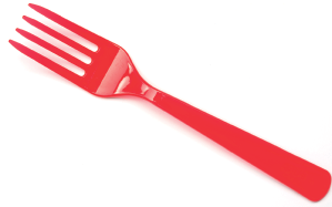 Imagem: Fotografia. Um garfo de cor vermelha.  Fim da imagem.