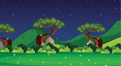 Imagem: Ilustração. Uma paisagem de local com vegetação rasteira de cor verde com flores, arbustos e ao fundo, três árvores com tronco marrom, com folhas verdes e ao fundo, morros da mesma cor. Na parte superior, céu de cor azul-escuro com estrelas em pontos luminosos de cor amarela.  Fim da imagem.
