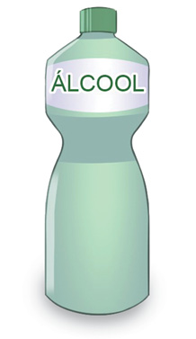 Imagem: Ilustração. Uma garrafa na vertical de cor verde, onde está escrito : ALCOOL. Fim da imagem.
