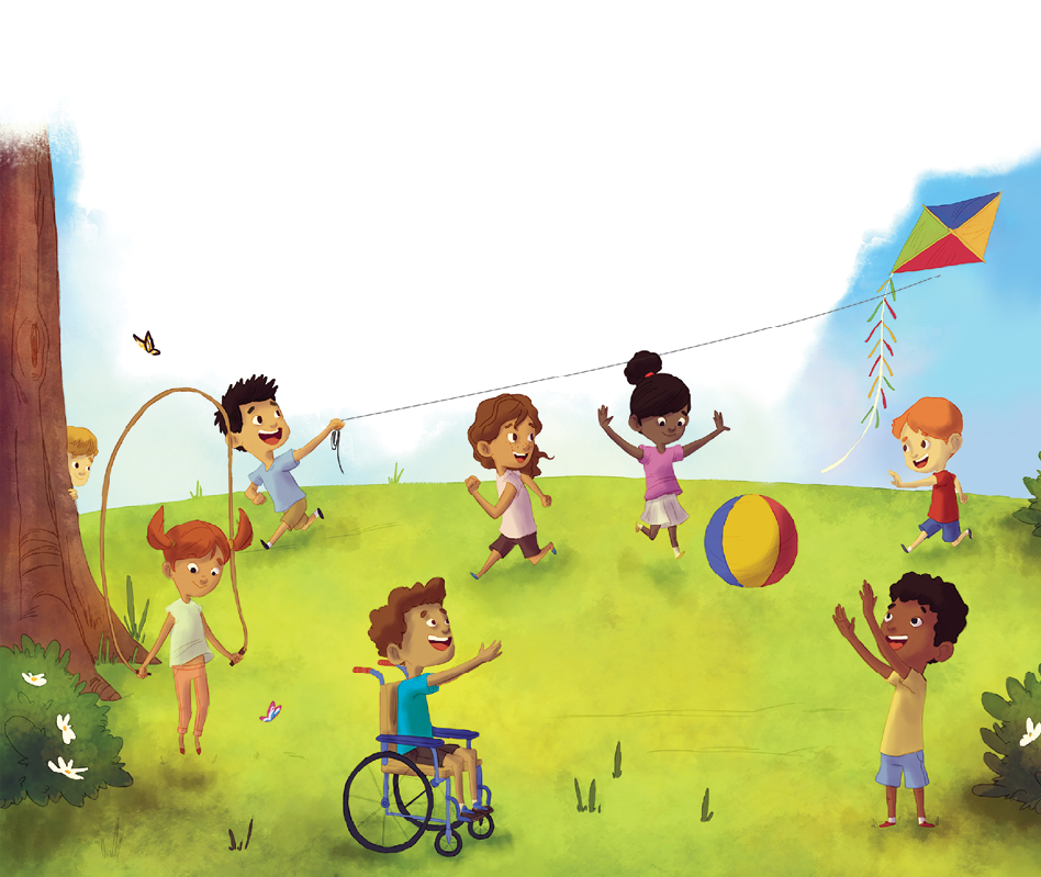 Imagem: Ilustração. Local com grama de cor verde, à esquerda, árvore vista parcialmente de tronco de cor marrom. Ao centro, crianças brincando. À frente, um menino cadeirante de pele morena, cabelos castanhos, com camiseta azul-claro, bermuda de cor marrom-escuro e sapatos da mesma cor, sobre cadeira rolante em amarelo. Ele está com um braço esticado para frente e à frente dele, um menino moreno-escuro de cabelos castanho-escuro, com camiseta de cor amarela, com bermudas azuis e sapatos em vermelho e branco, com os braços para cima, em direção a uma bola no alto de cor azul, amarelo e vermelho. Ao fundo, à esquerda, uma menina ruiva com chuquinhas, usando blusa de mangas curtas em branco, com calça de cor laranja-claro, saltando com corda segurada nas mãos. Atrás da árvore, um menino visto parcialmente de pele clara, com cabelos loiros.  Em segundo plano, um menino de pele clara, cabelos pretos, com camiseta em azul-claro, com bermuda bege e sapatos pretos, olhando para à direita, segurando com a mão linha de pipa no alto. Perto dele, à direita, uma mulher de pele morena, cabelos castanhos, com blusa rosa sem mangas e bermuda marrom, com a cabeça para à direita. Uma menina negra, de cabelos pretos amarrados, camiseta rosa, saia branca com os braços para o alto. À direita, um menino ruivo, camiseta vermelha, com bermuda azul correndo para à esquerda, com sapatos pretos. À esquerda, uma borboleta sobrevoando em amarelo, com contornos em preto.   Fim da imagem.
