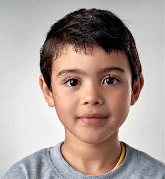Imagem: Fotografia. Visto do busto para cima, menino de pele clara, cabelos e olhos castanho-escuro e vestido com blusa de cor cinza. Ela olha para frente, com um leve sorriso.  Fim da imagem.