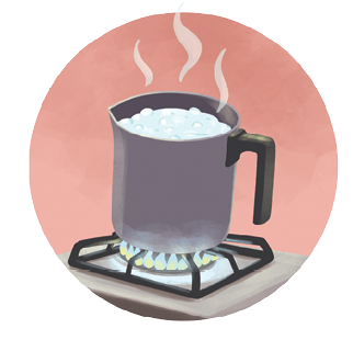 Imagem: Ilustração. Uma jarra de ferro sobre uma boca de fogão com água fervendo dentro. Sobre ela, sai fumaças de cor cinza na vertical.  Fim da imagem.