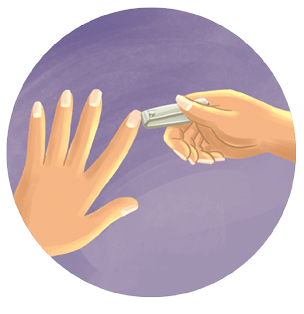 Imagem: Ilustração. Mãos de uma pessoa. Ela segura um cortador de unha com a mão direita, cortando unha com a mão esquerda.  Fim da imagem.