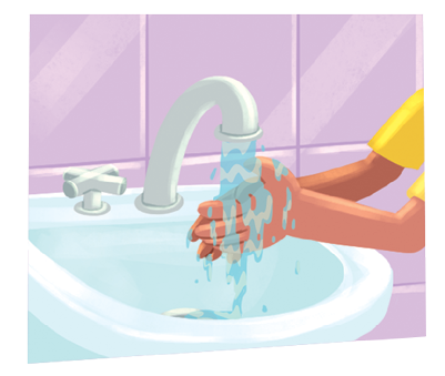 Imagem: Ilustração. Mãos de um menino de pele morena, visto parcialmente com camiseta de mangas amarelas. Ele lava as mãos esfregando-as debaixo de água corrente que sai da torneira cinza.  Fim da imagem.