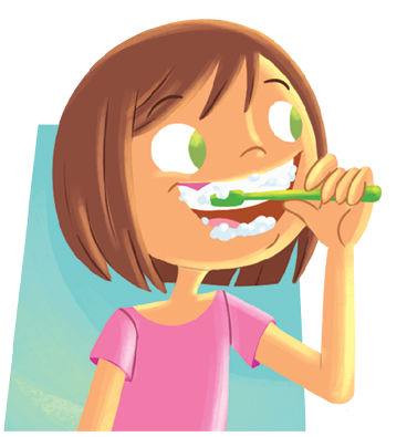 Imagem: Ilustração. Menina de pele clara, olhos verdes, cabelos curtos castanhos com franja, com camiseta de mangas curtas rosa, escovando os dentes com escova em verde, na mão direita. Ela olha para à direita. Fim da imagem.