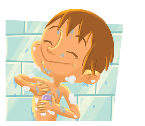 Imagem: Ilustração. Menino de pele clara, cabelos castanhos, tomando banho com os olhos fechados, ensaboando-se com sabonete na mão direita de cor azul. Fim da imagem.