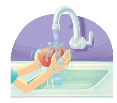 Imagem: Ilustração. Mãos de uma pessoa de pele clara, vista parcialmente de camiseta azul, lavando uma maçã de cor vermelha. À frente, na parede, uma torneira de cor cinza aberta por onde jorra água.  Fim da imagem.
