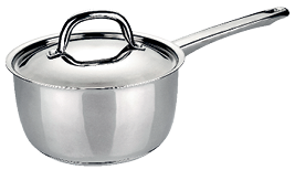 Imagem: Fotografia. Uma panela de cor prata redonda, com tampa com alça e cabo para à direta.  Fim da imagem.