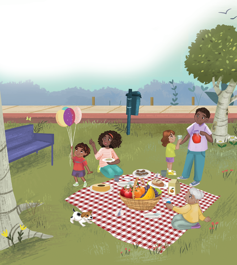 Imagem: Ilustração. Vista geral de local com vegetação rasteira em verde-escuro, com flores de pétalas de cor vermelha. Ao centro, uma família fazendo piquenique. Uma toalha xadrez em branco e vermelho. Ao centro, cesto de cor marrom-claro com frutas e ao redor, pratos brancos com coisas para comer. À esquerda, uma mulher sentada de joelho de pele negra, cabelos curtos pretos, com camiseta de cor rosa-claro, calça azul-claro, sapatos verde-claro. À frente dela, menino moreno de cabelos castanhos, com camiseta vermelha e bermuda em roxo, com sapatos brancos, segurando na mão esquerda balões pendurados coloridos. À direita, uma mulher morena de cabelos grisalhos, com blusa de mangas compridas de cor amarela, com calça de cor cinza-claro. À esquerda, cachorro de pelos de cor branco com marrons na cabeça. Mais ao fundo, um homem de pele negra, de cabelos pretos, camiseta lilás, com calça e tênis azuis, com a mão direita com jarra de suco vermelho. À frente dele, uma menina de pele morena-claro, cabelos castanhos, com camiseta verde-claro, bermuda lilás e sapatos amarelos. À esquerda, banco de cor azul e à direita, uma árvore de cor cinza-claro, com folhas verdes e dois pássaros sobrevoando. Na parte superior, céu de cor azul-claro.  Fim da imagem.