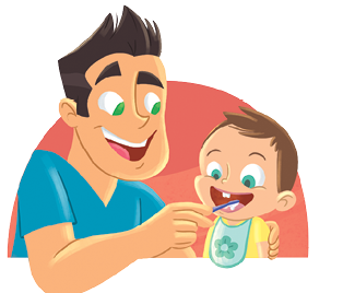 Imagem: Ilustração. Um homem e um menino vistos do busto para cima. À esquerda, homem de pele cara, cabelos pretos, olhos verdes, usando camiseta de cor azul, escovando os dentes do menino à direita dele, com a mão direita sobre os ombros dele. Este tem pele clara, cabelos castanhos, olhos verdes, usando blusa de mangas curtas amarelas e avental de cor verde-claro.  Fim da imagem.