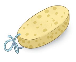 Imagem: Ilustração. Uma esponja de cor amarela redonda com pequenos furos e cordão de cor azul.  Fim da imagem.