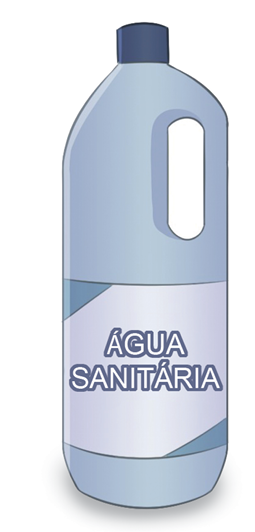 Imagem: Ilustração. Uma garrafa com alça à direita, de cor cinza-claro, com tampa em cinza-escuro, com etiqueta onde está escrito : Água sanitária.  Fim da imagem.