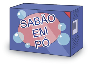 Imagem: Ilustração. Uma caixa de cor azul-escuro, com bolhas azuis-claros, onde está escrito : Sabão em pó.  Fim da imagem.