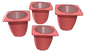 Imagem: Ilustração. Quatro potes vermelhos de iogurte. Fim da imagem.