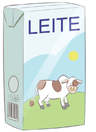 Imagem: Ilustração. Uma caixa de leite de cor azul-claro, com ilustração na parte inferior, vaca em pasto. Na parte superior, título: Leite. Fim da imagem.