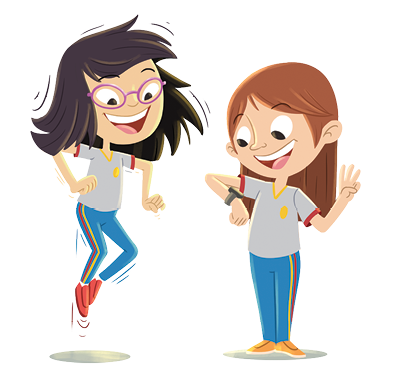 Imagem: Ilustração. Duas meninas de frente para outra. À esquerda, menina de pele clara, cabelos pretos curtos, cima franja para à direita, par de óculos de grau sobre o rosto, pulando. Ela está de frente para menina à direita, de pele clara, cabelos longos castanhos, com o relógio no braço esquerdo, olhando para ele, contando com a mão direita, com o dedo indicador, do meio e o anular para cima. Ambas estão vestidas com uniforme escolar : camiseta cinza, calça azul-claro, a menina que pula está com os sapatos em vermelho e branco e a de cabelos castanhos, com sapatos amarelos.  Fim da imagem.