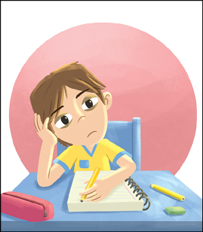 Imagem: Ilustração. O menino descrito anteriormente, sentado de frente para carteira escolar de cor azul-claro, vestido com camiseta de cor amarela com detalhes em azul-claro, com o braço esquerdo e mão sobre a cabeça, olhando para frente com boca fechada para baixo, olhar cabisbaixo, com a mão direita com lápis amarelo sobre caderno com folhas brancas e espiral em preto. Perto, à esquerda, estojo de cor vermelha.  Fim da imagem.