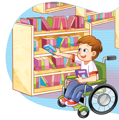 Imagem: Ilustração. Um menino cadeirante de frente par uma estante baixa, de frente para ela com livro na mão direita de capa de cor azul-claro. Ele tem pele clara, cabelos castanhos, usando camiseta branca com detalhes nas mangas em vermelho, com calça azul e sapatos em vermelho e branco. A cadeira rolante é de cor verde, rodas e guidão preto. Mais ao fundo, vista parcial de outras estantes com livros.  Fim da imagem.
