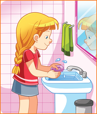 Imagem: Ilustração. Uma menina de cabelos longos, loira, com franja, usando camiseta vermelha, saia curta cinza, de frente para uma pia branca, com torneira cinza, ensaboando as mãos com sabonete roxo. À frente dela, espelho que reflete o rosto dela, uma toalha verde. Perto da pia, no chão lixeira.  Fim da imagem.