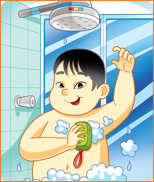Imagem: Ilustração. Menino dentro de boxe de cor azul, visto de cintura para cima, com pele clara, cabelos pretos, ensaboando com esponja de cor verde, fazendo bolhas de cor branca, com o braço direito para cima. Na parte superior, vista parcial de chuveiro fechado.  Fim da imagem.