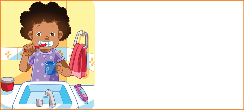 Imagem: Ilustração. Uma criança morena, de cabelos crespos marrons, com camiseta de cor lilás com bolinhas em lilás-claro, escova os dentes com escova de cor vermelha e segura na mão direita um copo de cor azul. Ela está de frente para uma pia de cor branca, torneira cinza. Um pote vermelho com tampa branca à esquerda e à direita, tubo de pasta de cor lilás com detalhe em azul-claro.  Fim da imagem.