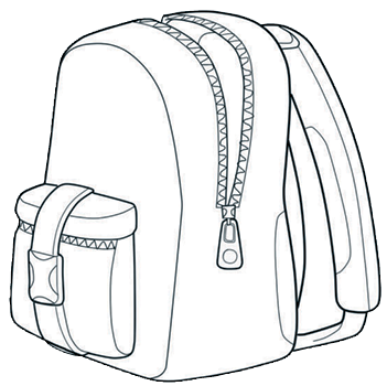 Imagem: Ilustração em preto e branco. Vários elementos : Um livro fechado. Um estojo de zíper aberto com caneta e lápis.  Um saco de balas, com o nome : Balas. Uma revista de super-herói, com o título : Super. Uma mochila grande com o zíper aberto. Um calendário de 2023. Um carrinho de brinquedo. Um caderno com espiral na vertical, à esquerda.   Fim da imagem.