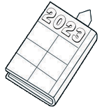 Imagem: Ilustração em preto e branco. Vários elementos : Um livro fechado. Um estojo de zíper aberto com caneta e lápis.  Um saco de balas, com o nome : Balas. Uma revista de super-herói, com o título : Super. Uma mochila grande com o zíper aberto. Um calendário de 2023. Um carrinho de brinquedo. Um caderno com espiral na vertical, à esquerda.   Fim da imagem.