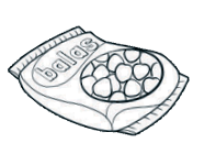 Imagem: Ilustração em preto e branco. Vários elementos : Um livro fechado. Um estojo de zíper aberto com caneta e lápis.  Um saco de balas, com o nome : Balas. Uma revista de super-herói, com o título : Super. Uma mochila grande com o zíper aberto. Um calendário de 2023. Um carrinho de brinquedo. Um caderno com espiral na vertical, à esquerda.   Fim da imagem.