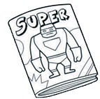 Imagem: Ilustração em preto e branco. Vários elementos : Um livro fechado. Um estojo de zíper aberto com caneta e lápis.  Um saco de balas, com o nome : Balas. Uma revista de super-herói, com o título : Super. Uma mochila grande com o zíper aberto. Um calendário de 2023. Um carrinho de brinquedo. Um caderno com espiral na vertical, à esquerda.   Fim da imagem.