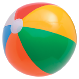 Imagem: Fotografia. Uma bola redonda colorida em vermelho, amarelo, verde, azul e partes em branco.  Fim da imagem.