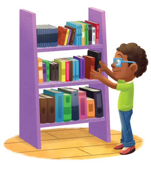 Imagem: Ilustração. Um menino moreno, de cabelos castanhos encaracolados, usando par de óculos de grau quadrado, com camiseta de cor verde-claro, calça azul e sapatos marrons. Ele está de frente para estante de cor lilás com livros na vertical. Na prateleira de cima, livros finos, com poucas páginas, os da segunda prateleira, com mais páginas e na parte inferior, livros com muitas páginas. O menino coloca livro na segunda prateleira.  Fim da imagem.