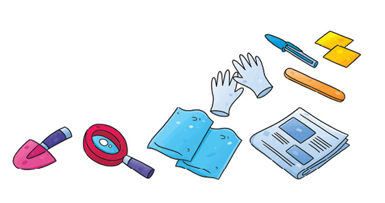Imagem: Ilustração. Objetos um perto do outro : uma pá de cor rosa com cabo roxo; uma lupa vermelha com cabo roxo, dois sacos em azul-claro; duas nuvens de cor cinza-claro; um jornal dobrado; um palito laranja; uma caneta azul e duas etiquetas quadradas de cor amarela.  Fim da imagem.