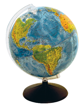 Imagem: Fotografia. Um globo terrestre de cor azul com continentes em amarelo e parte em verde, com nuvens brancas espalhadas pelo globo. A base dele é de cor preta, arredondada, com haste curvada à esquerda, transparente.  Fim da imagem.