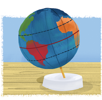 Imagem: Ilustração. Um globo terrestre de cor azul-escuro, com continentes coloridos em verde, na América do norte e central, na américa do sul em vermelho e à direita, África em laranja. O globo está sobre haste fina na vertical, em cima de base redonda em branco, sobre base em madeira bege.  Fim da imagem.