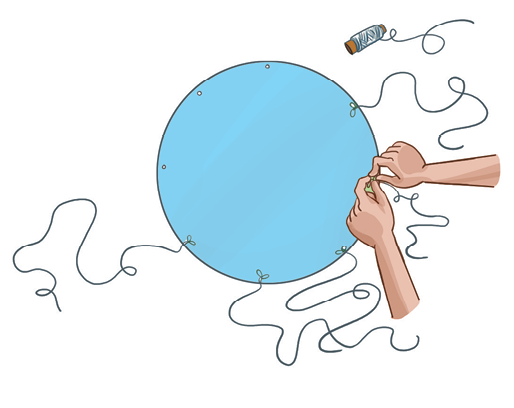 Imagem: Ilustração. Círculo em azul-claro com pequenos furos e linhas e na direita, mão de uma pessoa de pele clara, colocando linha. Na parte superior, tubo de linha enrolada.  Fim da imagem.