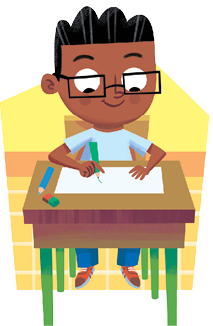 Imagem: Ilustração. Um menino negro, de cabelos pretos, usando par de óculos de grau quadrado, com camiseta de cor azul-claro, calça em azul-escuro e sapatos em vermelho e marrom. Ele está sentando de frente para carteira-escolar, escrevendo sobre folha branca com lápis na mão esquerda, com um lápis de cor azul e borracha em verde e laranja.  Fim da imagem.