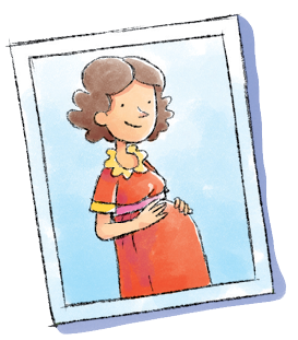 Imagem: Ilustração. Uma mulher grávida de pele clara, cabelos castanhos curtos, usando vestido vermelho de mangas curtas com detalhes na gola e mangas curtas em amarelo. Ela está com o corpo para à direita, com as mãos sobre a barriga. Fim da imagem.