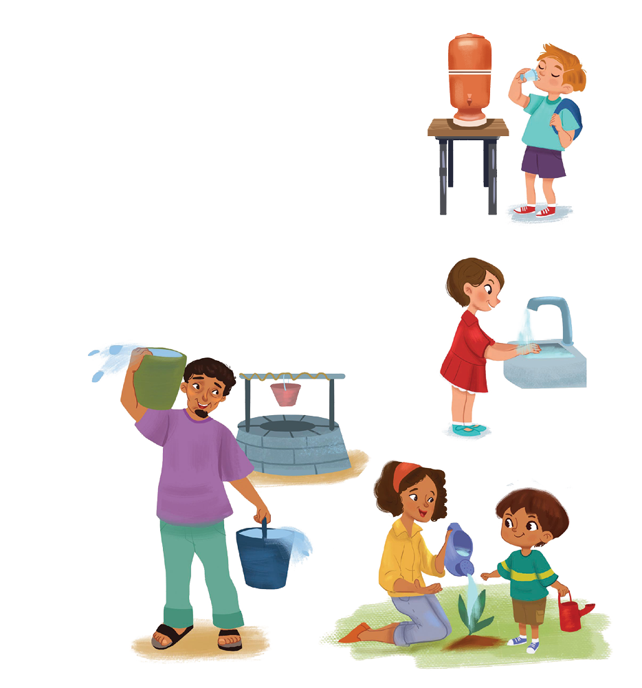 Imagem: Ilustração. À esquerda, um filtro marrom sobre uma mesa pequena marrom. À direita, um menino loiro de olhos fechados, usando camiseta azul-claro, com bermuda em roxo, com mochila de cor azul, com sapatos em vermelho e branco, segurando na mão esquerda tomando água em um copo de cor azul-claro.  Ilustração. Uma menina de cabelos castanhos curtos, usando vestido com mangas curtas em vermelho, sapatos em azul e branco, lavando as mãos debaixo da pia de cor cinza.  Ilustração. Um homem de pele morena, com cabelos e barba em castanho-escuro, usando camiseta roxa, calça verde e sandálias em preto. Ele carrega no ombro esquerdo, balde de cor verde com água e na mão direita, segurando alça de balde em azul-escuro, com água.  Ilustração. Uma menina de pele clara, cabelos curtos castanhos, com faixa de cor laranja, usando blusa de mangas compridas em amarelo, com calça cinza e sapatos laranjas, sentada de joelhos sobre local com grama verde. Ela segura na mão esquerda um regador em cinza, regando planta de cor verde. À direita, um menino de pele clara, cabelos castanhos, com camiseta verde com linha amarela na horizontal, bermuda marrom e sapatos em azul e branco. Ele segura na mão direita, um regador de cor vermelha.   Fim da imagem.