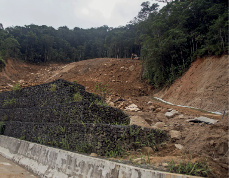 Imagem: Fotografia. Ao fundo, morros de cor marrom-claro, com pedras de cor bege. À esquerda, partes de cor marrom-escuro. Em segundo plano, árvores de folhas verdes. Na parte superior, céu de cor azul-claro, com nuvens.  Fim da imagem.