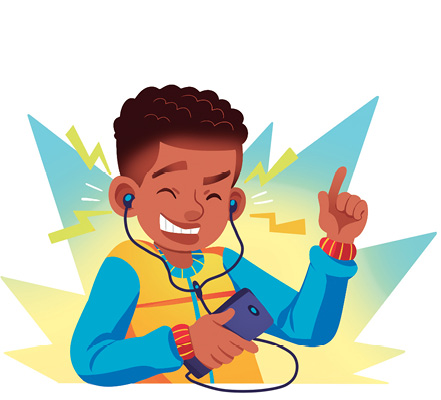 Imagem: Ilustração. Um menino visto da cintura para cima, pele de cor morena, cabelos encaracolados em marrom, usando blusa de mangas compridas em azul e parte interna em amarelo. Ele segura na mão um aparelho de cor azul-escuro, com fone conectado aos ouvidos. Perto dos ouvidos, símbolos de raios saindo em verde-claro. Na mão da direita, com dedo indicador para cima.  Fim da imagem.